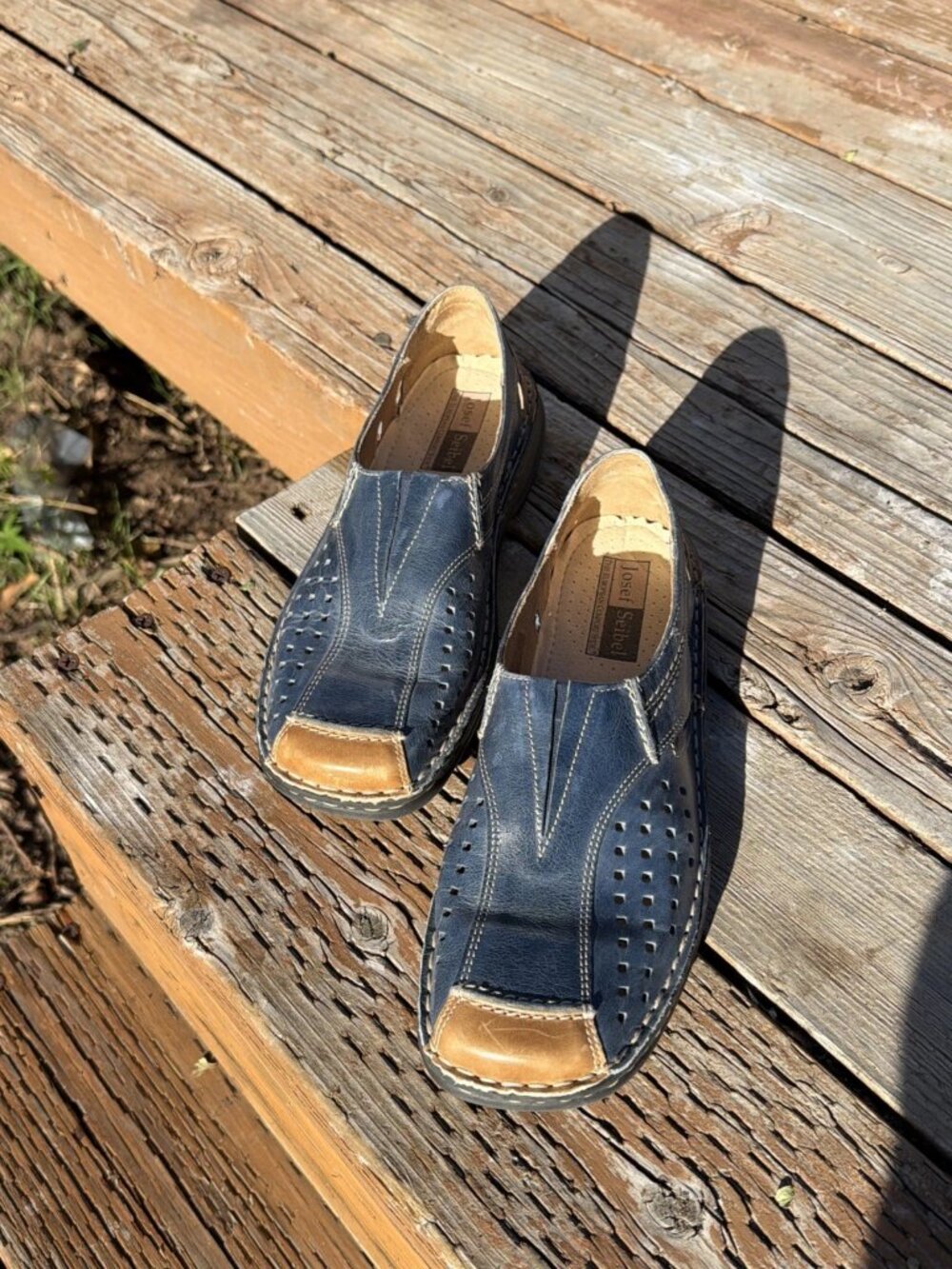 Josef Seibel Women's Perforated Blue & Tan Leather Slip-On Loafer - Size 38